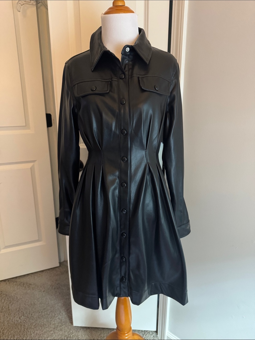 Black Faux Leather Button-Front Dress
